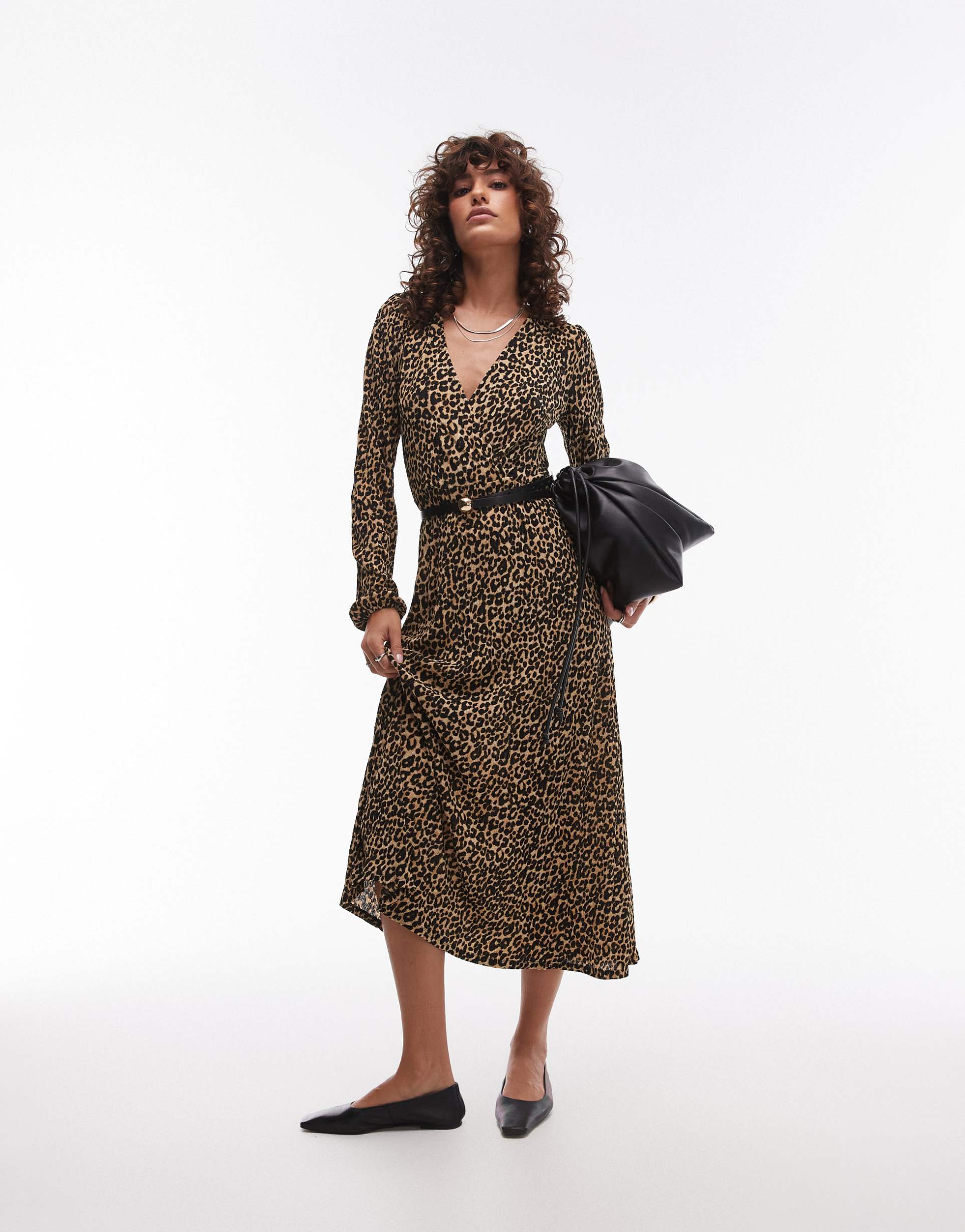 mango v-neck long sleeve leopard print midi dress in brown