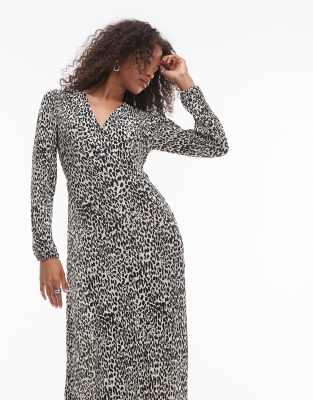Mango Mango v-neck long sleeve leopard print midi dress in white