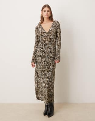 Mango v neck long sleeve plisse midi dress in leopard print-Brown