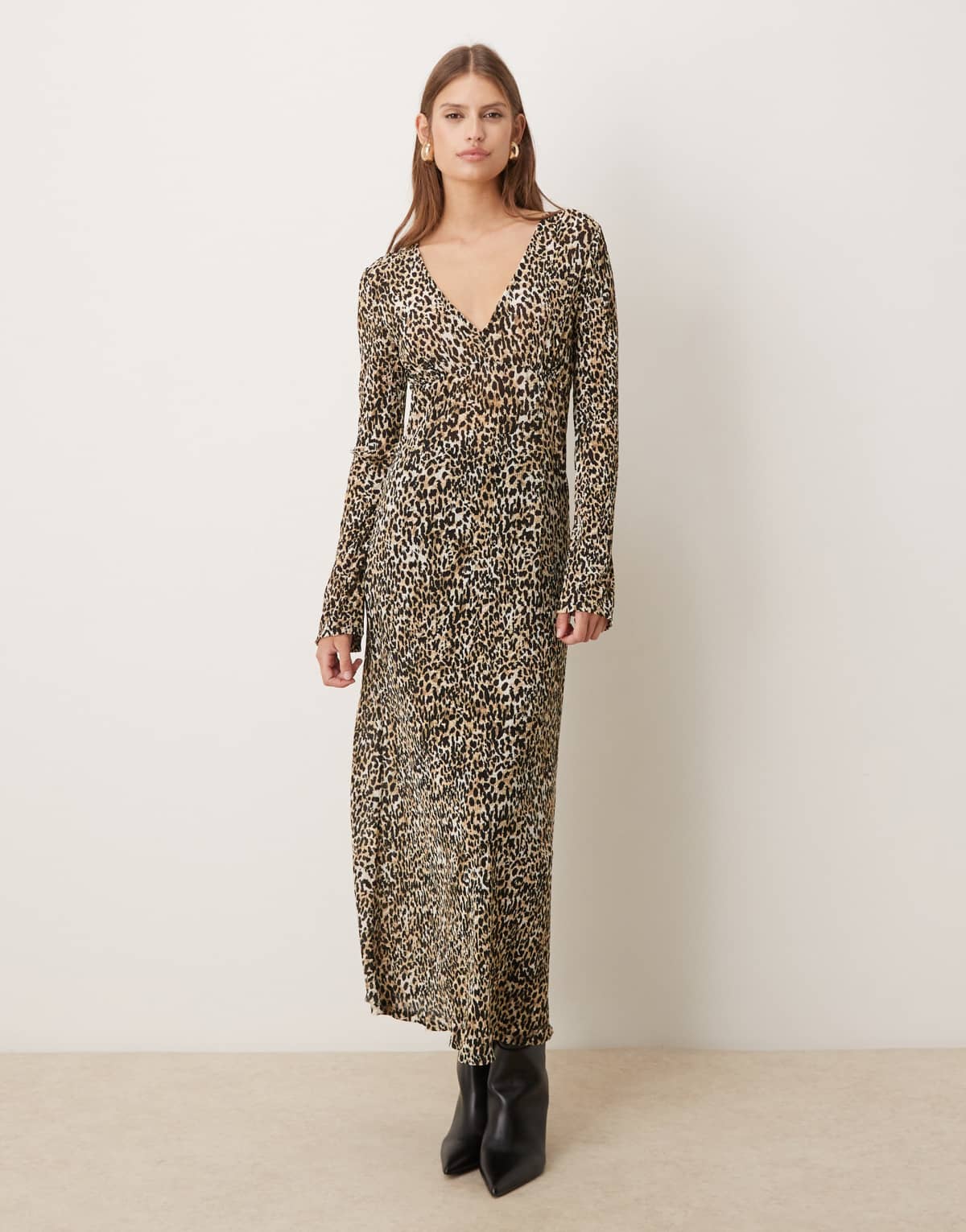 Mango v neck long sleeve plisse midi dress in leopard print