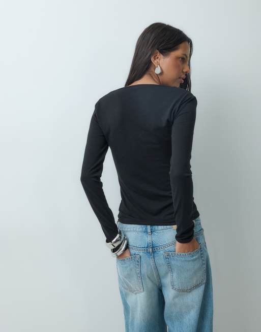 Mango v neck long sleeve t-shirt in black , 4 of 4