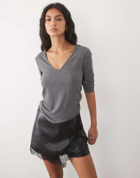 Mango v neck long sleeve t-shirt in grey