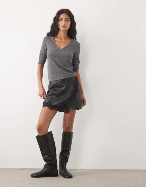 Mango v neck long sleeve t-shirt in grey, 2 of 4