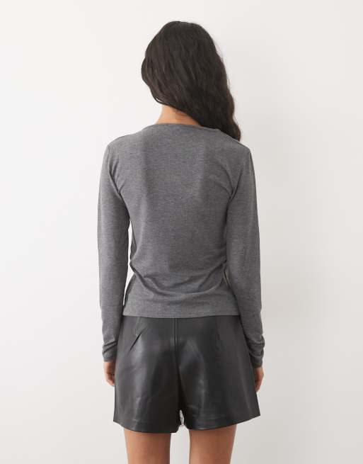 Mango v neck long sleeve t-shirt in grey, 4 of 4