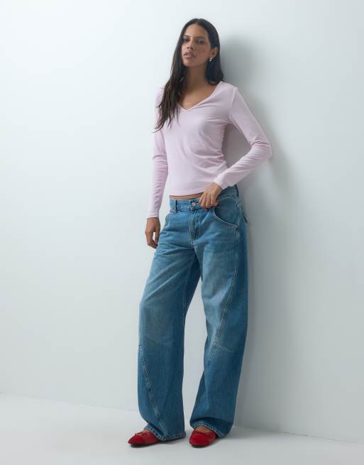 Mango v neck long sleeve t-shirt in pastel pink , 2 of 4