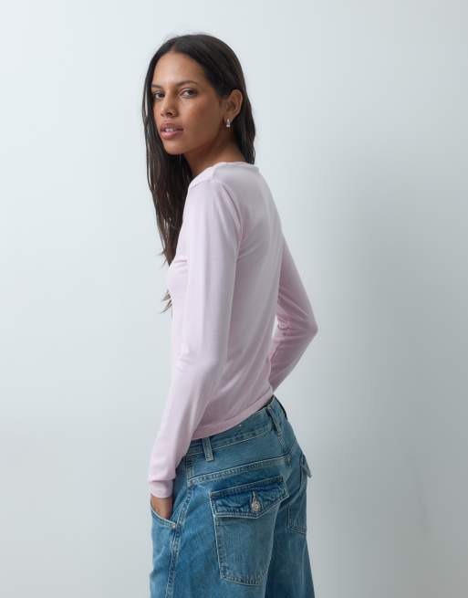 Mango v neck long sleeve t-shirt in pastel pink , 3 of 4