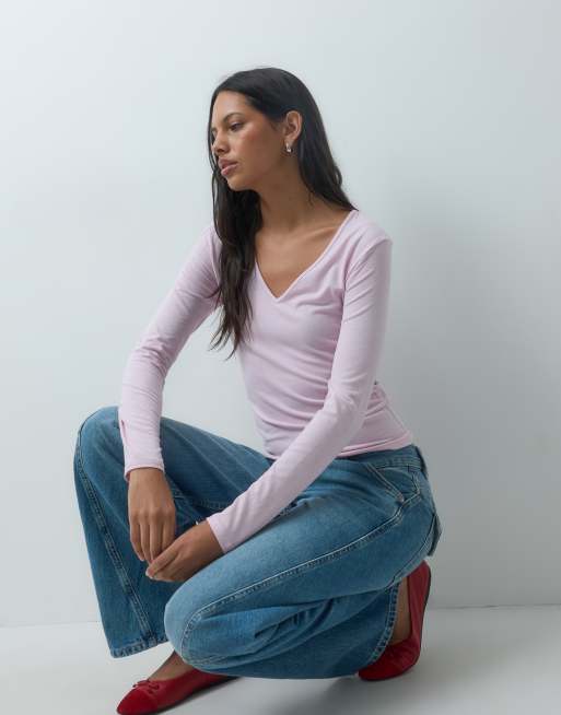 Mango v neck long sleeve t-shirt in pastel pink , 4 of 4