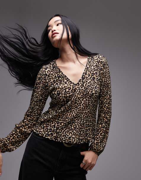 Mango v neck mini leopard print top in brown - view 1