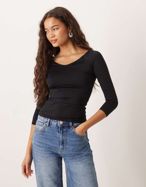 Mango v neck off shoulder long sleeve top in black