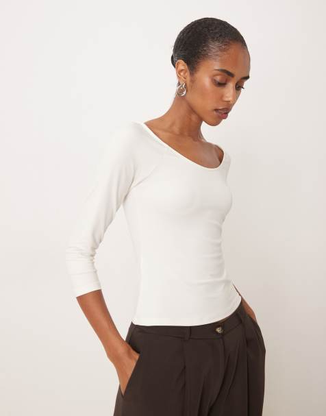 Mango v neck off shoulder long sleeve top in white - view 1