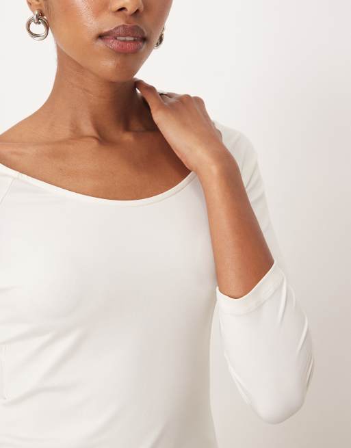 Mango v neck off shoulder long sleeve top in white, 4 of 4