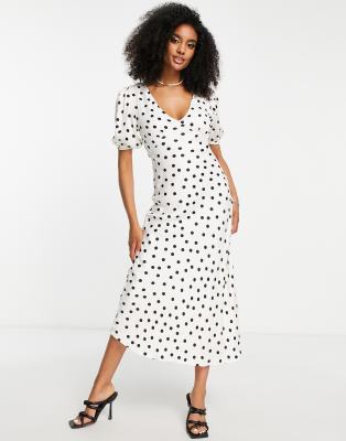 Mango v neck puff sleeve polka dot midi dress in white