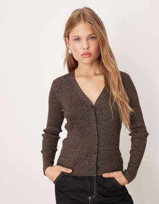Mango V-neck Ribbed Cardigan In Brown