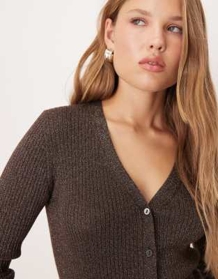 Mango V-neck Ribbed Cardigan In Brown