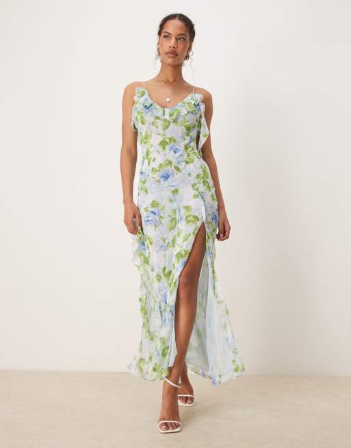 Mango V-neck ruffle botanical print dress with side slit in pale blue