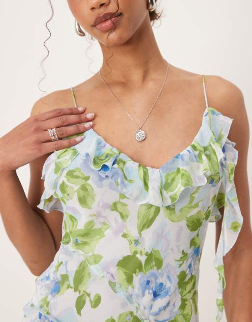Mango V-neck ruffle botanical print dress with side slit in pale blue