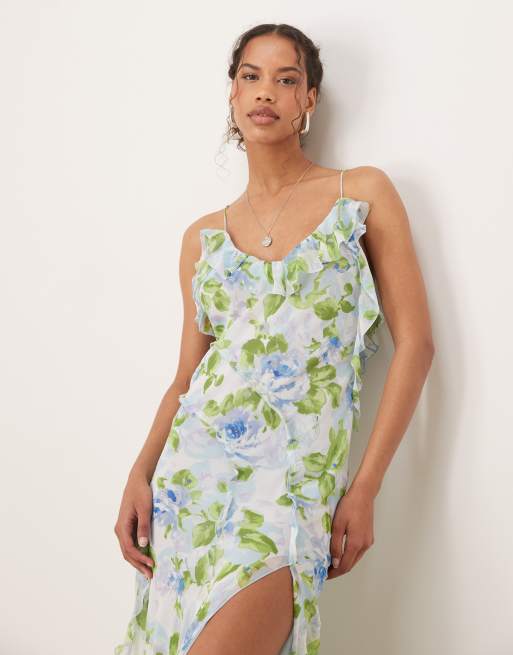 Mango V-neck ruffle botanical print dress with side slit in pale blue