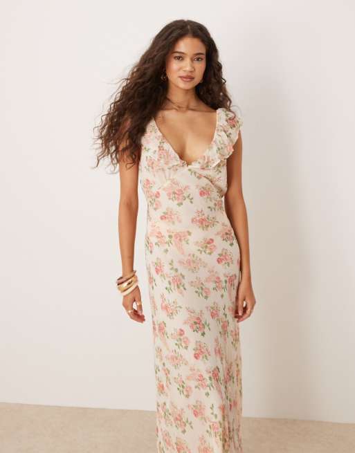 Mango v neck ruffle detail midaxi dress in floral print, 3 of 4