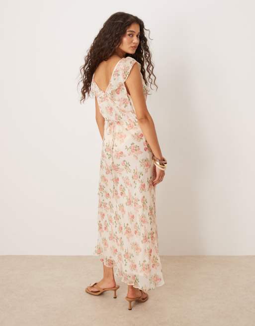Mango v neck ruffle detail midaxi dress in floral print