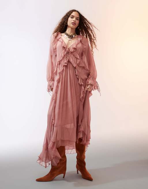 mango chiffon ruffle dress pink Pink Boho Occasion Dresses Uk Mango Chiffon Ruffle Maxi Dress Dusky Pink  Very