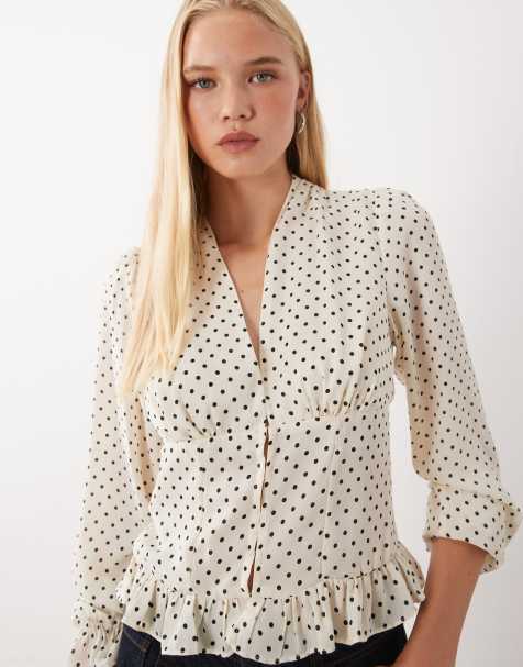 Mango v neck ruffle sleeve blouse in polka dot print - view 1