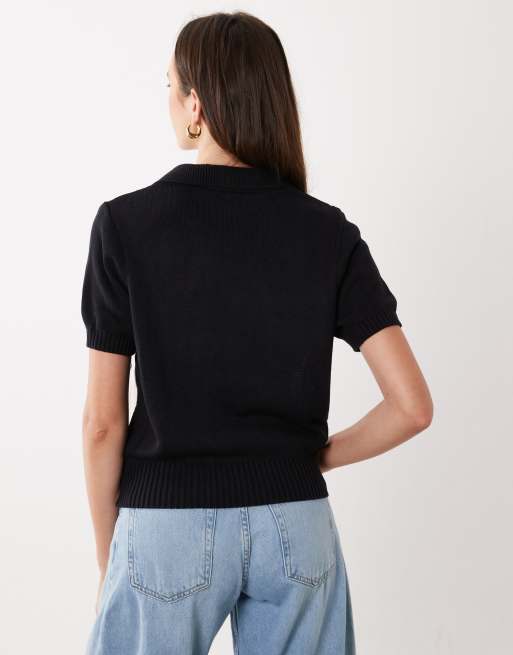 Mango v neck short sleeve knit top in navy argyle print, 3 of 4
