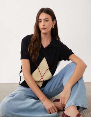 Mango V Neck Short Sleeve Knitted Top In Navy