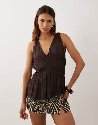 Mango V-neck Sleeveless Flowy Top In Brown