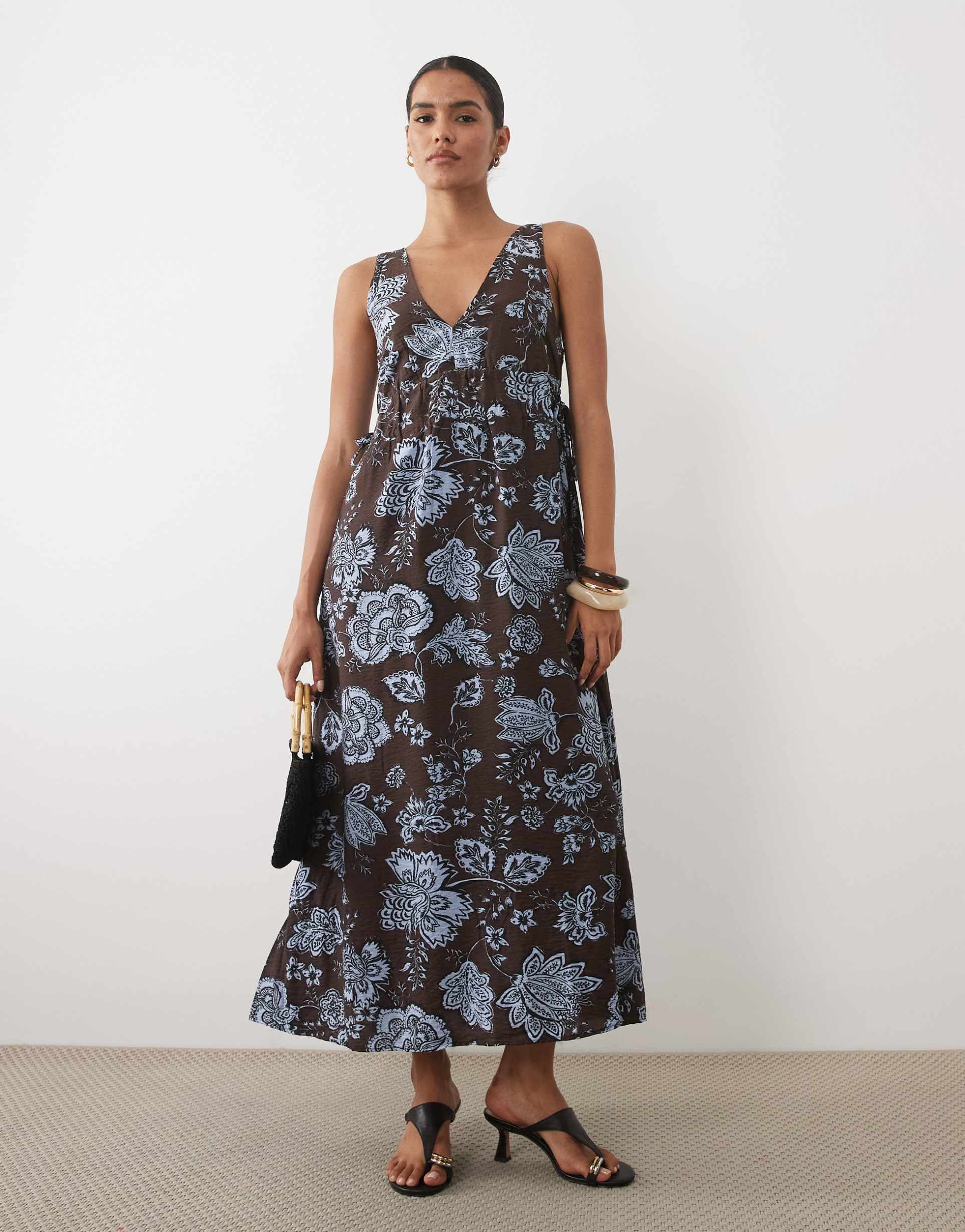 mango v-neck sleeveless midaxi dress in brown and blue floral print
