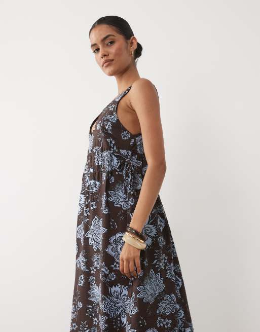 Mango v neck sleeveless midi dress in brown and blue floral print, 2 of 4