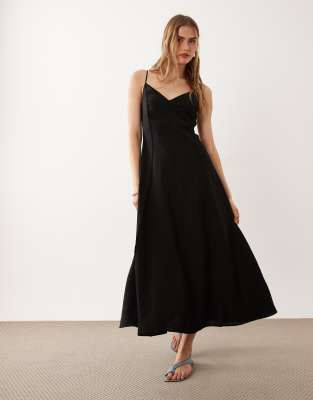 Mango v-neck sleeveless midi dress with pleat detail in black