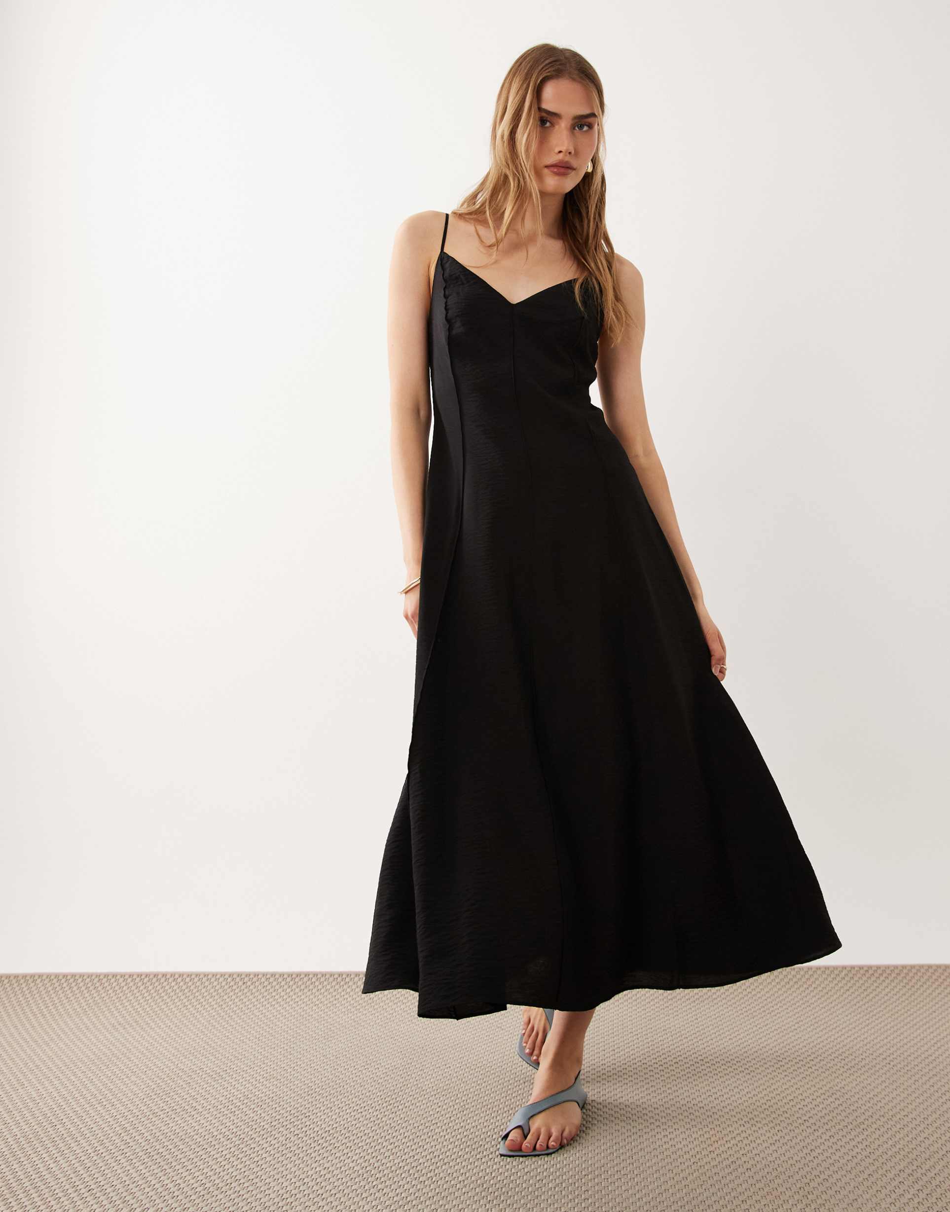 mango v-neck sleeveless midi dress with pleat detail in black