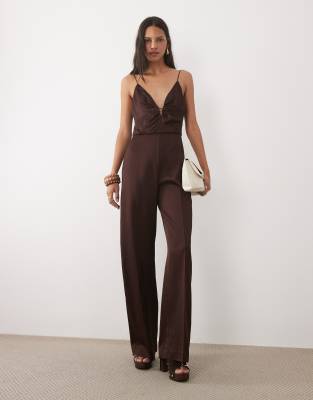 Mango v-neck sleeveless tailored jumpsuit in brown