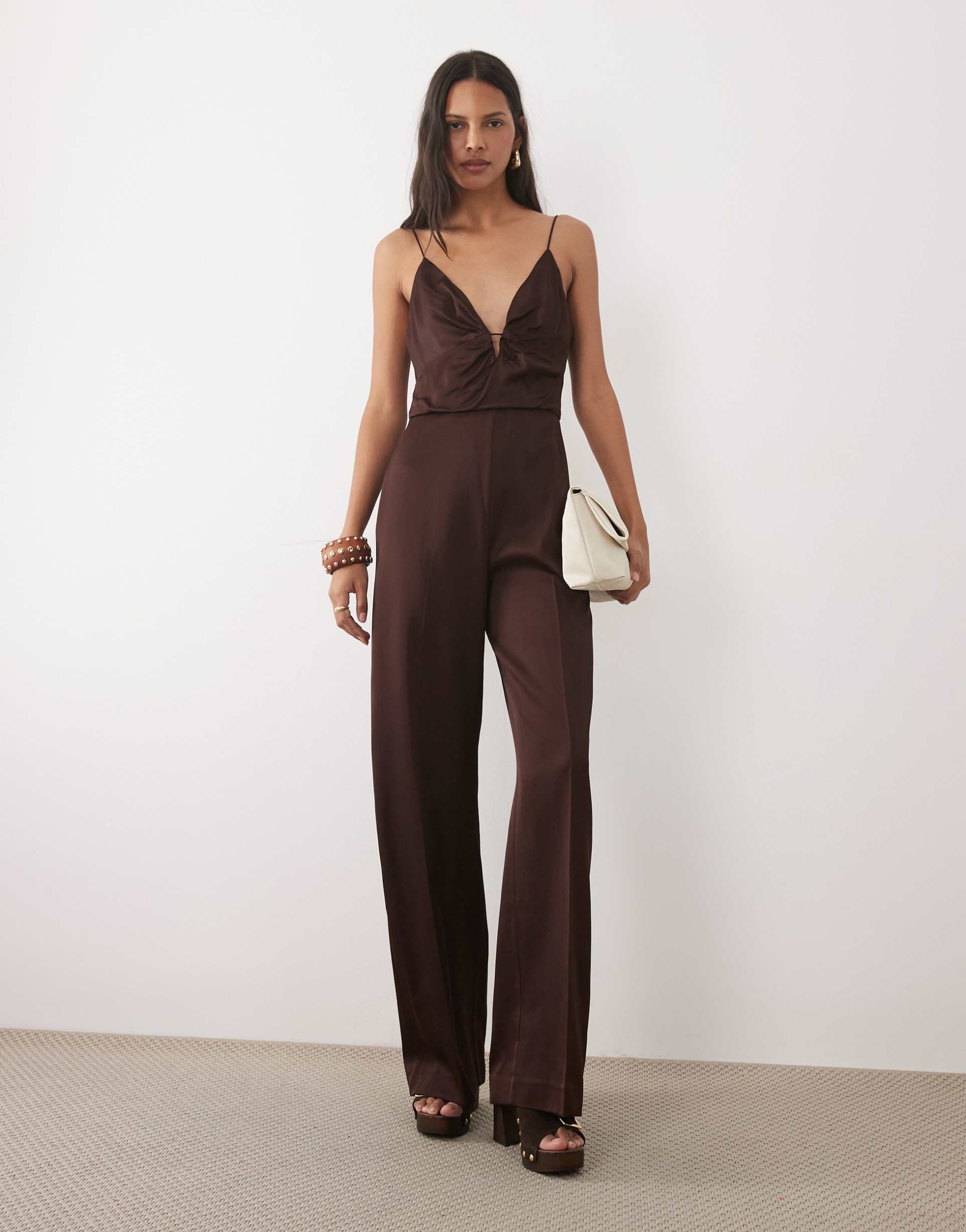 mango v-neck sleeveless tailored jumpsuit in brown