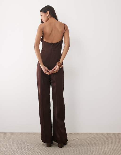 Mango v-neck sleeveless tailored jumpsuit in brown, 3 of 4