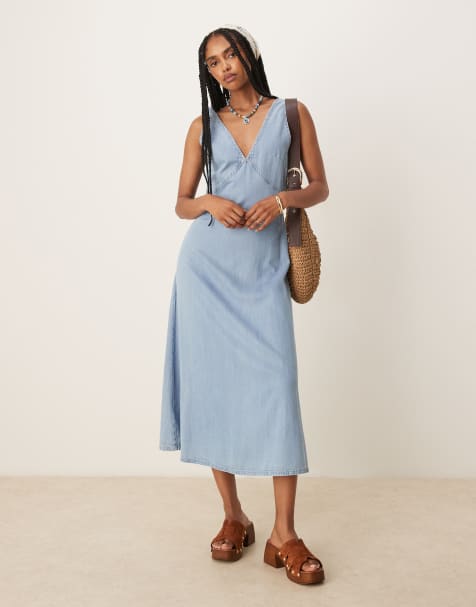 Mango v-neck soft denim a-line midaxi dress in blue - view 1
