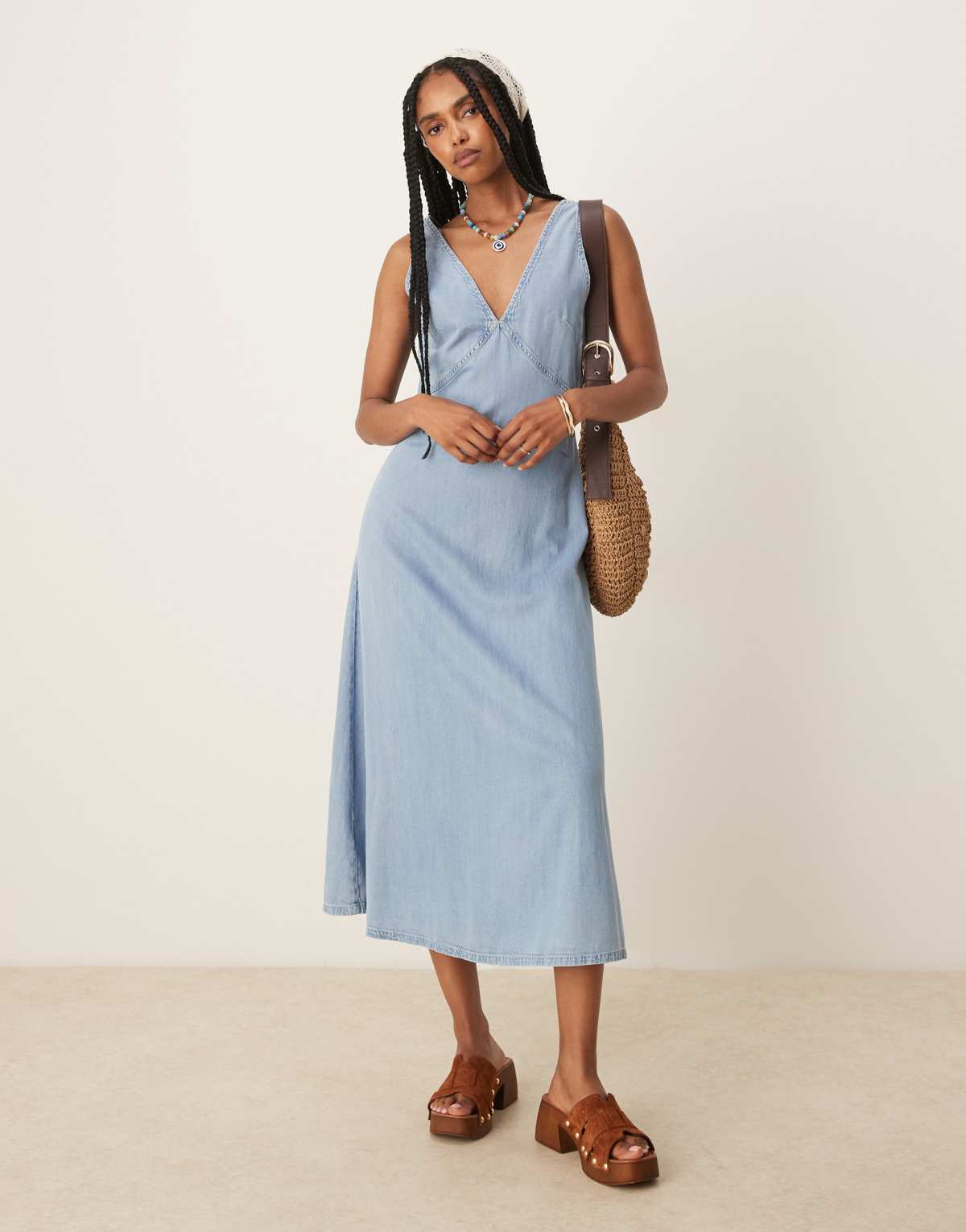 Mango v-neck soft denim a-line midaxi dress in blue