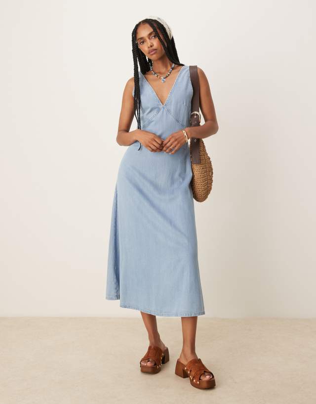 Mango v neck soft denim a line midaxi dress in blue