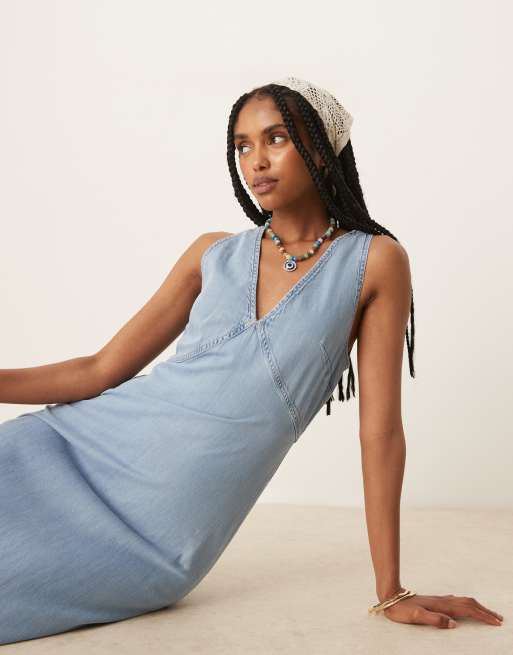 Mango v neck soft denim a line midaxi dress in blue