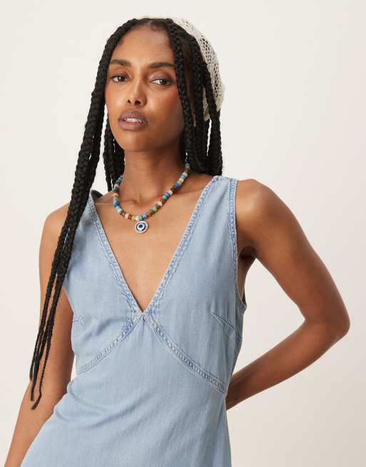 Mango v neck soft denim a line midaxi dress in blue