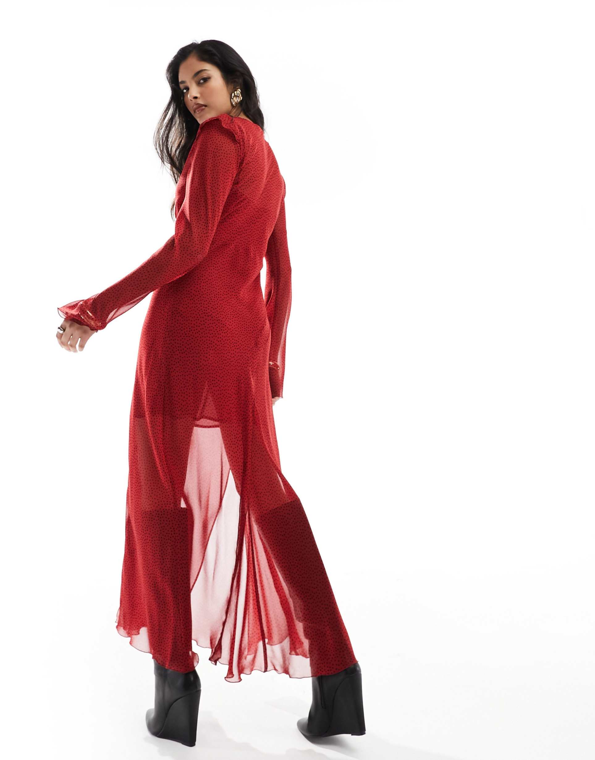 mango v-neck spot print midi dress in red