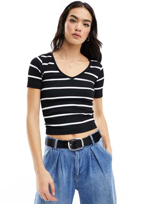 Mango v neck stripe t-shirt in black | ASOS