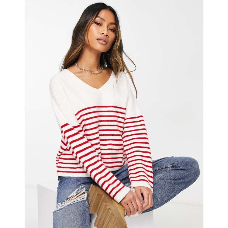 Striped v hot sale neck sweater