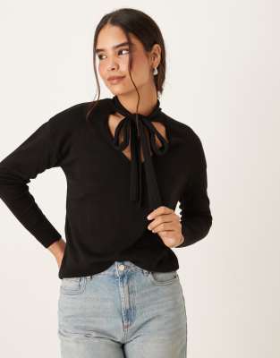 Mango V-neck Sweater With Neck Tie In Black