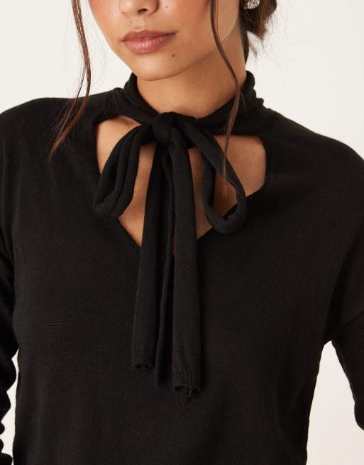 Mango V-neck sweater with neck tie in black, 3 of 4