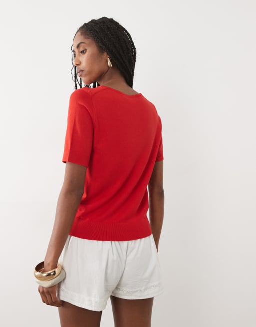 Mango V-neck T-shirt in bright red, 3 of 4