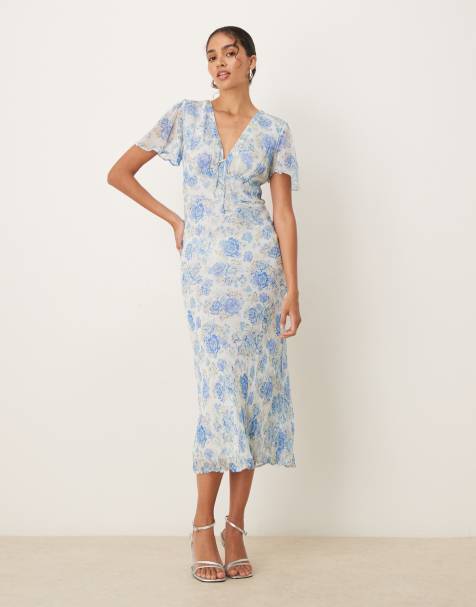 Mango v neck tie detail short sleeve midaxi dress in pastel blue floral print - view 1