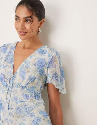 Mango V Neck Tie Detail Short Sleeve Midaxi Dress