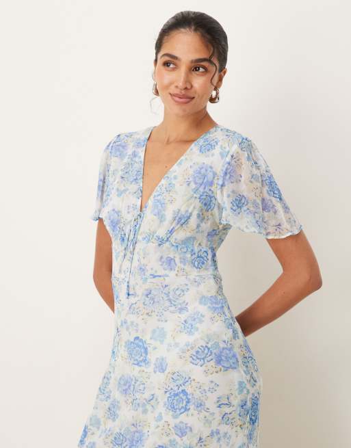 Mango v neck tie detail short sleeve midaxi dress in pastel blue floral  print