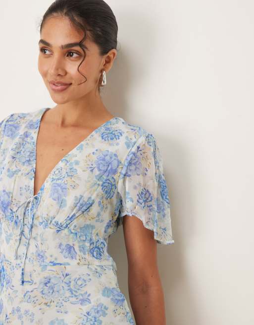 Mango v-neck tie detail short sleeve midaxi dress with floral print in pastel blue